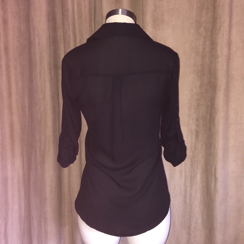 Sheer Black Express Button Down V-Neck Shirt Size… - image 2
